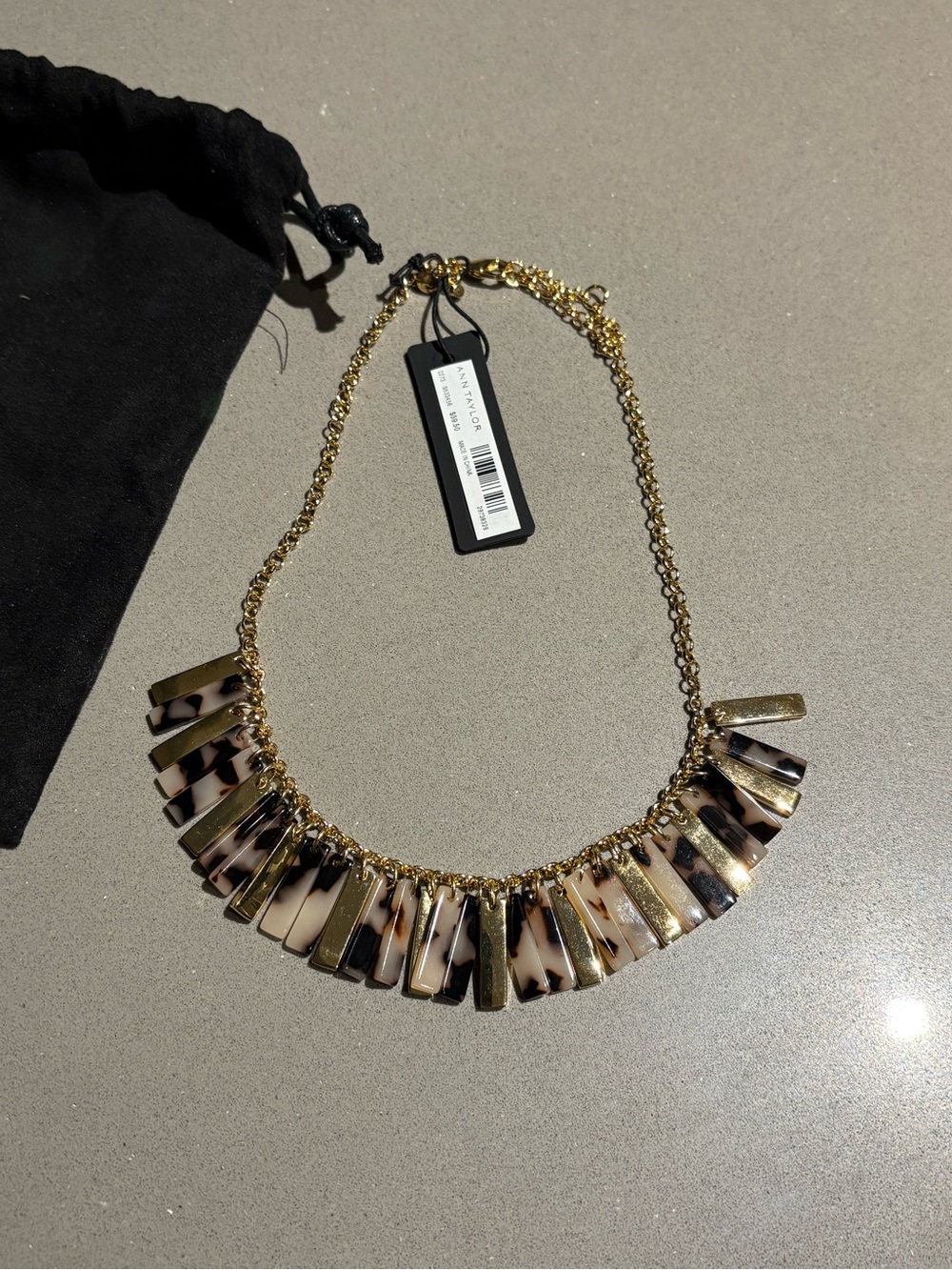 NWT Ann Taylor Tortoiseshell Gold Statement Fringe Necklace w/ Bag